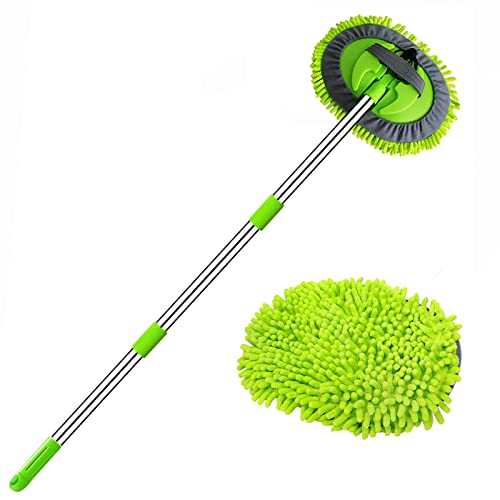 WillingHeart 47.5" Car Wash Brush Mop Cleaning Tool with Long Handle Kit for Washing Detailing Cars Truck, SUV, RV, Trailer, Boat 2 in 1 Chenille Microfiber Sponge Duster Not Hurt Paint Scratch Free - color: Green