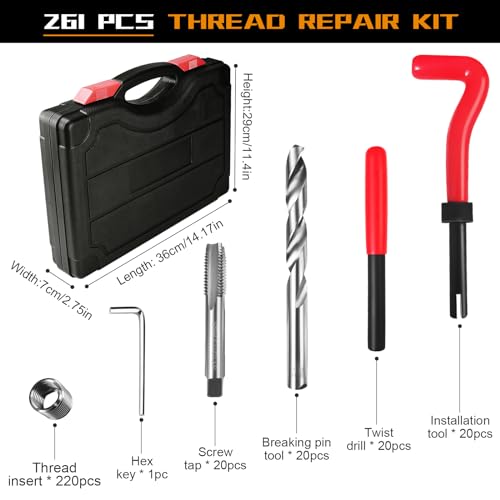 261Pcs Helicoil Thread Repair Kit, Metric & SAE Rethreading Tool | Multi-Size Kit with HSS Drill Bits Inserts Taps Break Off Tools for Automotive Engine, Spark Plug, Stud Bolt Repair