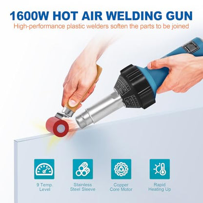 1600W Plastic Welder Kit Hot Air Gun – Adjustable Temperature 40–650°C – for Bumper, Tarpaulin, Kayak, Vinyl Floor Repair – Includes PE/PVC Welding Rods, Nozzles & Brush - size: 1600W w/ 2 extra accessories