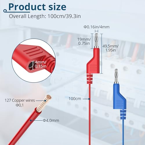5PCS Banana Plug Test Leads,4mm Stackable,1M Silicone Cables,1000V 15A | 5 Colors, Pure Copper, Flexible Silicone, Stackable 4mm Plugs, for Multimeter, Lab, Power Supply & Circuit Testing