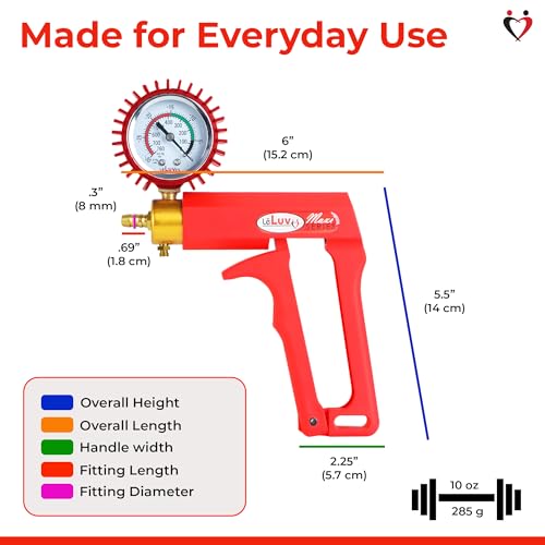 LeLuv Maxi Vacuum Pump - Manual Hand Vacuum (0-30 Hg, 0-760 mmHg) with Ergonomic Nylon Handle, Release Valve, & Rubber Protected Pressure Gauge (1/8" NPT), Compatible with LeLuv Pump Series - Red - color: Red