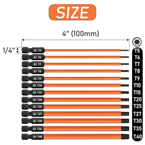 13pcs Torx Screwdriver Bit Set (T5-T40) Magnetic S2 Steel Torx Head Drill Bit Set 1/4'' Hex Shank Impact Bit CNC Machined 6-Point Star Bit Set for Impact Driver (4 Inch/ 100mm Length) - size: 4 inch / 100mm