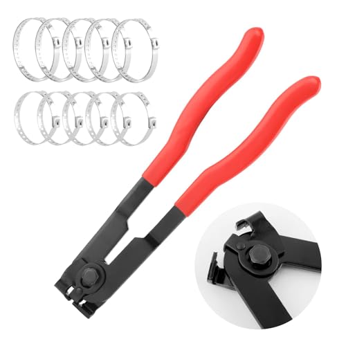 CV Boot Clamp Plier with 10Pcs C-V Bo-ot Clamps, Universal Adjustable CV Boot Clamp Tool for Most Cars(Color:Red)