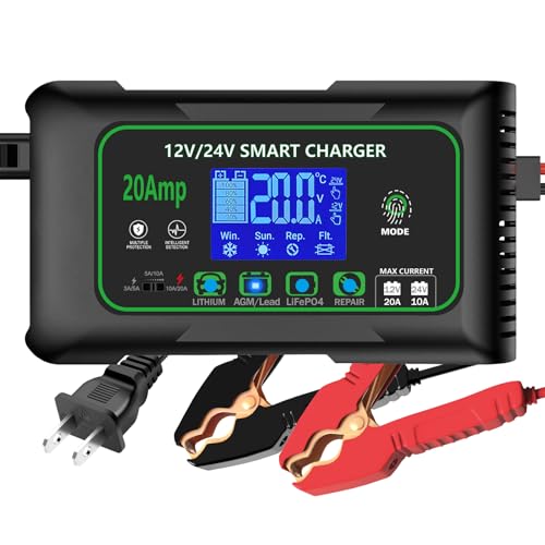 20 Amp Smart Battery Charger, 12V/20A and 24V/10A Car Battery Charger, Trickle & Maintainer Pulse Repair for Lithium, Lifepo4, Lead-Acid (AGM/Gel/SLA), Boat, Motorcycle, Golf Cart, Tractors - color: 20A-green
