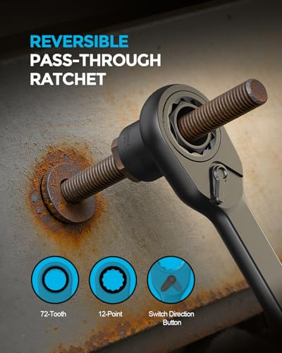 24 Pcs 3/8" Pass Through Socket Set, SAE/Metric Go-Thru Ratchet Kit | Hollow SAE/metric sockets clear long threaded rods, including a 72-tooth ratchet, extension bar, and 3/8" adapters - size: 24 Pcs