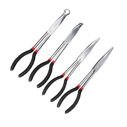 4Pcs Extra Long Needle Nose Pliers Set, 11" Long Reach Straight,45/90 Degree Bent Nose Pliers, and O-shape Hose Gripper Pliers for Car Repair/House Work