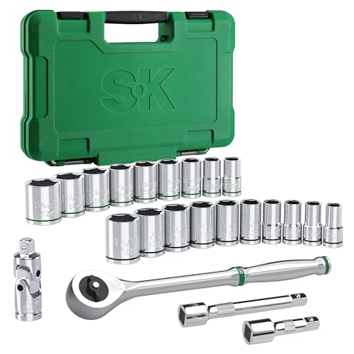 SK 1/2" Drive Socket Set with 216-P Quick-Release Ratchet, 23-Piece, SAE & Metric, SuperKrome Finish, Premium CR-V Construction, with Storage Suitcase | 23-Piece Sockets with Quick-Release Ratchet, SuperKrome Finish, Heat Treated, with Storage Suitcase -