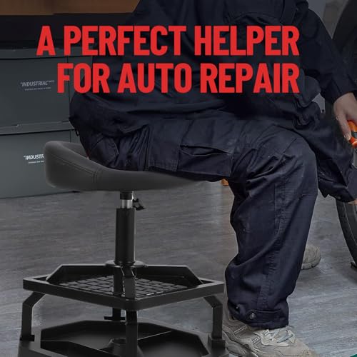 TrailBlaze Heavy Duty Rolling Mechanic Stool with Wheels - Adjustable Height - 360° Swivel Soft Padded Seat - Tool Tray - 4 All-Purpose Casters - 330 lbs Capacity - Round Frame Feet - size: without Cup Holder