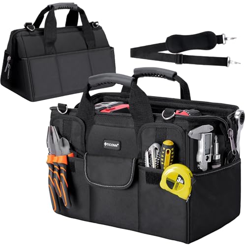 TICONN Heavy Duty Tool Bag with Multi-Pockets, Portable Tool Box Organizer Storage Bag, with Adjustable Shoulder Strap and Ergonomic Handle (Black, 14" Standard Base) - color: Black, size: 14" Standard Base