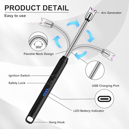 LcFun Candle Lighter Windproof USB C Electric Lighters with 360° Flexible Neck & Safety Lock, 2 Pack Flameless Lighters Long Stem Matches for Candle, Grill, BBQ, Gas Stoves (Black & Rose Gold) - color: Rose Gold + Black