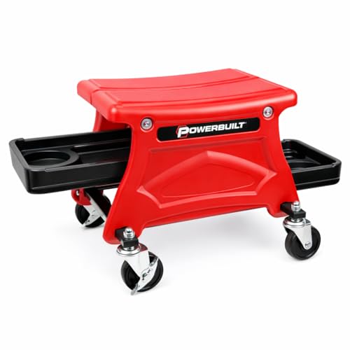 Powerbuilt Rolling Garage Seat with Tool Trays, Smooth Ball Wheel Bearing Casters 300 Pound Capacity Stool, Detailing, Motorcycle, Gardening - 240283 - style: Red, 14-Inch