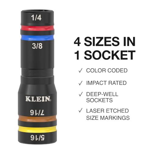 Klein Tools 651QS Quad Socket, 4 Sizes in 1 Socket, 4-in-1 Color Coded SAE Impact Rated, Heavy Duty, 1/4-Inch Drive, 3-1/2-Inch Shaft - size: 4 Sizes, SAE