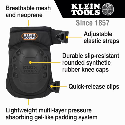 KLEIN TOOLS 60344 Knee Pads, Hinged Gel Knee Pads with Slip Resistant Rubber Caps, Quick-Release Clips and Adjustable Straps, Black