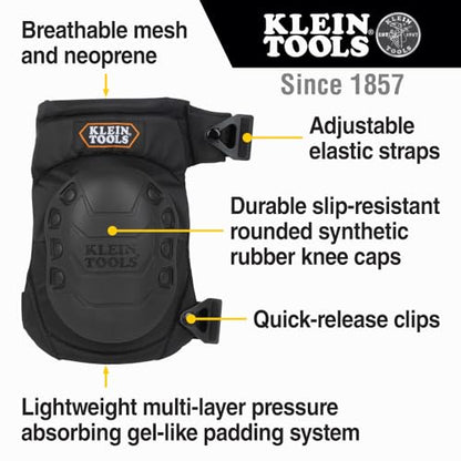 KLEIN TOOLS 60344 Knee Pads, Hinged Gel Knee Pads with Slip Resistant Rubber Caps, Quick-Release Clips and Adjustable Straps, Black