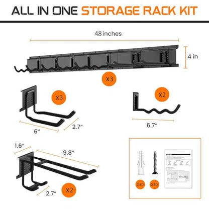 "48 Garage Tool Organizer Wall Mount - Heavy Duty 520lbs Metal Storage Rack, Easy Install Adjustable Hooks for Garden Tools Brooms - size: 48 Inch