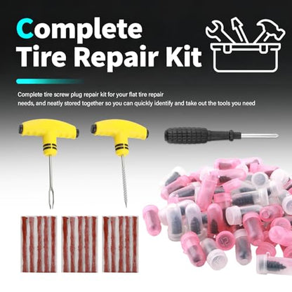 Flat Tire Repair Kit Heavy Duty,All-in-One Tire Plug Kit Includes 60PCS Screw,15PCS Tires Plugs Seal Strip,Screwdriver,Drill,Screw in Tires Plugs Car Emergency Kits for Puncture
