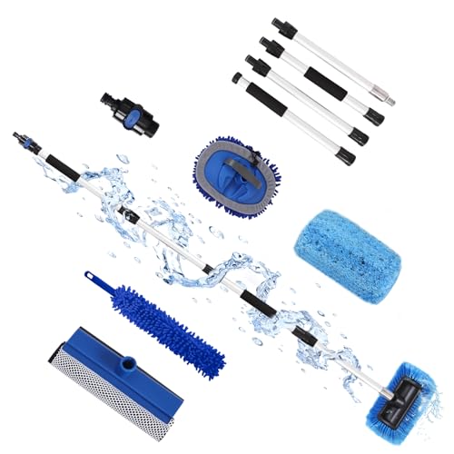 XCBYT Upgraded Car Wash Brush with Long Handle, 69'' Flow-Through RV Wash Brush Kit with Soft Bristle Brush, Chenille Mop, Squeegee & Duster, Adjustable Aluminum Pole Car Cleaning Kit for SUV RV Truck