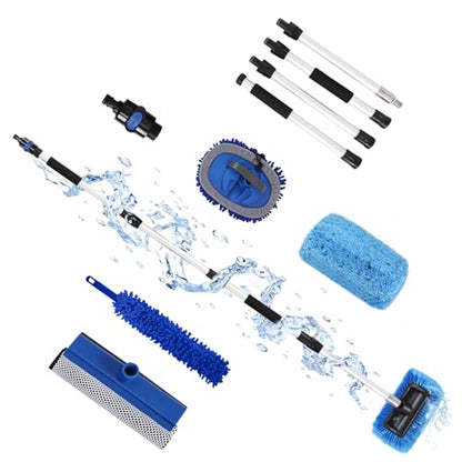 XCBYT Upgraded Car Wash Brush with Long Handle, 69'' Flow-Through RV Wash Brush Kit with Soft Bristle Brush, Chenille Mop, Squeegee & Duster, Adjustable Aluminum Pole Car Cleaning Kit for SUV RV Truck