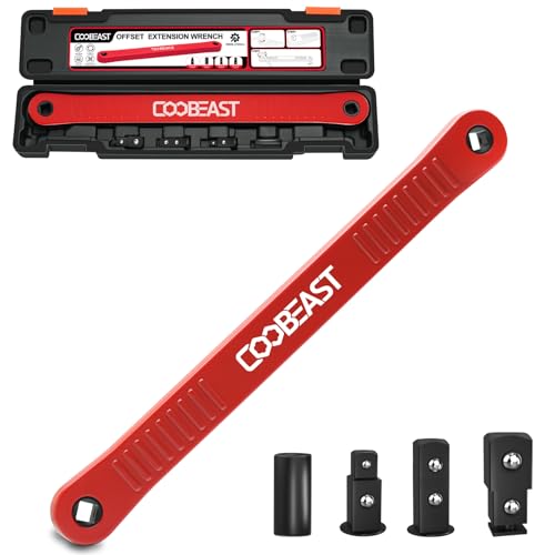 coobeast Red Offset Extension Wrench Impact Ready Socket Wrench Extender Tool with Versatile 1/4", 3/8", and 1/2" Square Drive Adapters, Universal Extensions Wrench for Small Place - color: Red, size: 13.4 inch