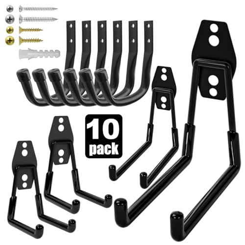 Heavy Duty Wall Garage Hooks, Steel Anti-Slip Utility Hooks Storage Organization Hangers for Ladders, Bikes, Hose, Garden Tools, Coats, Bags with Mounting Hardware Kit (Black, 10 Pack) - color: Black(10pcs)