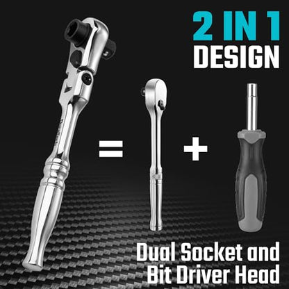 DURATECH 1/4" Drive Ratchet Handle, 2 in 1 Flex Head, Socket & Bit Driver | 72-Tooth, Reversible Switch, Full-Polished, Chrome Plating, Alloy Steel - size: 1pc