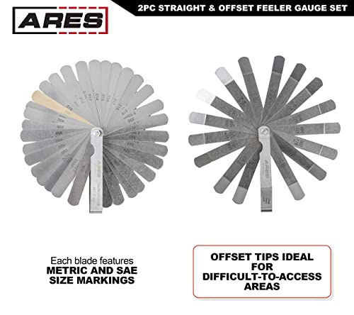 ARES 11043-2-Piece Straight Feeler Gauge & Offset Feeler Gauge Set - Straight Gauge has 32 Dual-Marked SAE & Metric Sizes - Offset has 16 Dual-Marked Sizes - Precisely Measure Mechanical Clearances - size: 2-Piece Straight and Offset Feeler Gauge Set