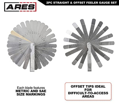 ARES 11043-2-Piece Straight Feeler Gauge & Offset Feeler Gauge Set - Straight Gauge has 32 Dual-Marked SAE & Metric Sizes - Offset has 16 Dual-Marked Sizes - Precisely Measure Mechanical Clearances - size: 2-Piece Straight and Offset Feeler Gauge Set