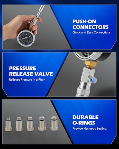 Orion Motor Tech Engine Compression Tester Kit, 11 pc Cylinder Compression Tester Kit with Spark Plug Tester, Engine Cylinder Pressure Gauge for Gas Petrol Engines | Durable Aluminum Casing; 5 Metric Adapters; Quick Push On Connectors; Gasoline Car Mainte