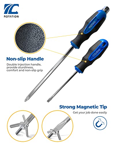 ROTATION Magnetic Screwdriver Set 12 PCS with Nichrome tips, 6 Phillips and 6 Flat Head Screwdrivers, half with Go-Thru Steel Blades, High Torque for Fastening and Loosening (Silver Tip_Gloss Blade) - style: Silver Tip_Gloss Blade