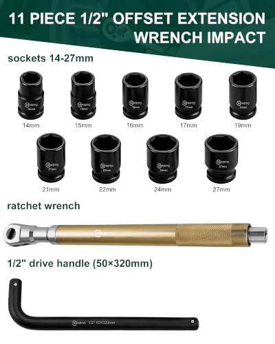 11 PCS 1/2" Offset Extension Wrench, Compatible with Electric Drills & Tight Spaces - color: 11pcs-12in-rw-set-gold