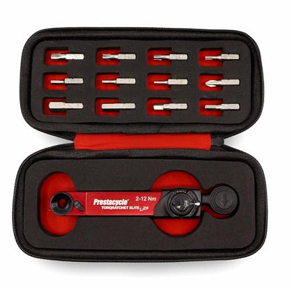 Prestacycle TorqRatchet ELITE Lite Portable Bicycle Torque Wrench Multi-Tool – 2–12Nm Beam Torque, Reversible Ratchet, 1/4” Hex Bits, Lightweight Bike Tool with Carry Case
