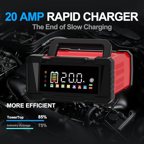 Battery Charger 20-Amp 12V/24V Smart Trickle Charger for Car - Battery Maintainer Trickle Charger, and Car Battery Charger Heavy Duty with Temperature Compensation for Automotive Truck Motorcycle