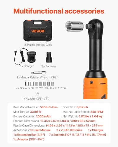 VEVOR Cordless Ratchet Wrench, 3/8 inch Drive, 240 RPM, up to 33 ft-lbs of Torque, Extended Battery Powered Electric Ratchet Wrench Set with Two Batteries, Charger, Sockets, Adaptor and Extension Bar