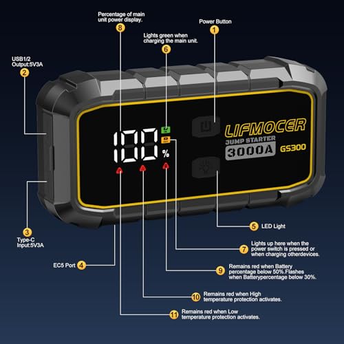 GS300 Car Jump Starter,3000A Portable Battery Jumper Starter for Up to 10.0L Gas & 8.0L Diesel Engines,59.2WH 12V Jump Box with Storage Case,USB Quick Charge,LCD Display,for Cars,Motorcycles,Trucks