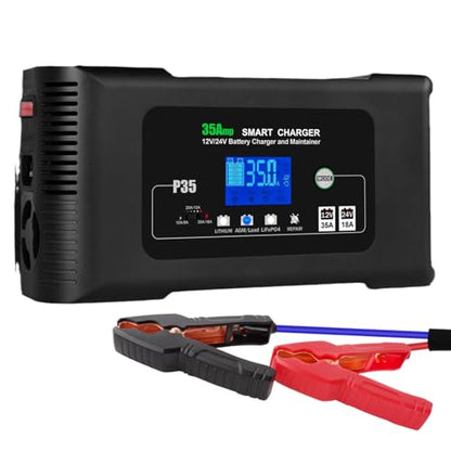P35 12V/24V 35A Smart Car Battery Charger & Maintainer, 9 Stage Charging for Lithium,AGM,Lead-Acid,LiFePO4, with Battery Repair Function, LCD Display for Various Vehicles