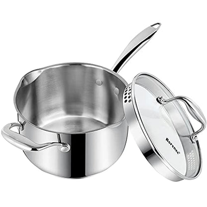 Rorence Stainless Steel Saucepan Sauce Pan with Pour Spout & Glass Lid with Strainer - 3.7 Quart - size: 3.7 Quart