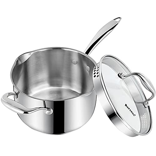 Rorence Stainless Steel Saucepan Sauce Pan with Pour Spout & Glass Lid with Strainer - 3.7 Quart - size: 3.7 Quart