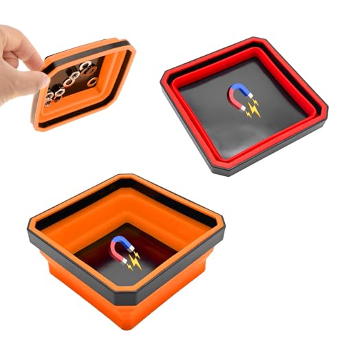 Yourkar 2 PCS Collapsible Magnetic Parts Tray, 4.5 Inch Foldable Magnetic Square Silicone Tray, Tool Tray Set with Double-Sided Magnetic Base for Screw Bolts Nuts Pins, Car Accessories (Orange+Red) - color: Orange+Red, 2 PCS