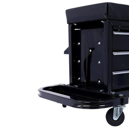 3-Drawer Chest Rolling Mechanic Seat with Tool Trays 350lbs Max Weight Capacity Toolbox Seat for Garage Warehouse Black