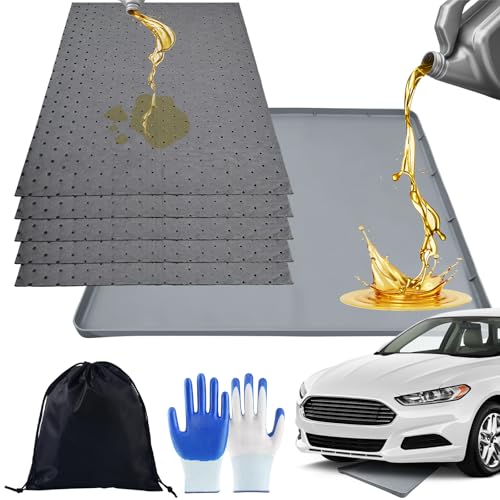 8 Pcs Oil Drip Pan For Under Car Set,With Raised Edge,and 5 Large Oil Absorbent Pads, Storage Pouch & Gloves, Waterproof No Splatter Reusable Oil Tray,27 X 27 In Oil Spill Mat For Garage Floor