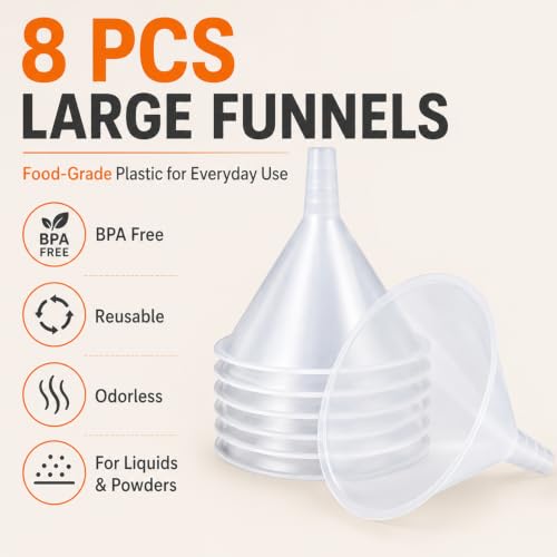 CYEAH 8 Pcs Plastic Funnels, 6 Inch Wide Mouth Large Funnel, Clear Plastic Filter Funnel Liquid Transfer Funnels for Filling Bottles, Liquid, Spices, Powder, Lotion, Oils