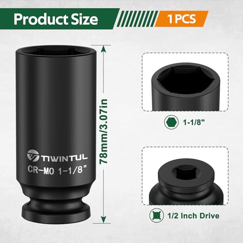 1-1/8" Deep Impact Socket 1/2 Inch Drive for Truck and SUV | CR-MO Steel Impact Socket, 3.07" Length, 6 Point Design, SAE Size, Axle Nut Socket for Easy Removal of Axle Shaft Nuts - size: 1-1/8" (Deep)