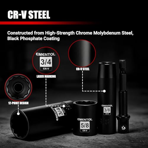 EMENTOL 3/8" Drive Impact Socket Set, 25PCS, SAE(5/16"- 1"), Deep and Shallow, 12 Point, Includes Drill Bit Adapter - size: 3/8" Drive (5/16"- 1")