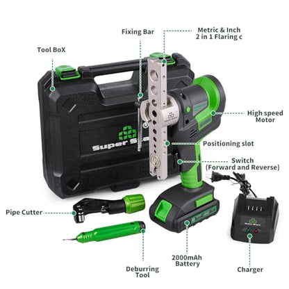 Super Stars Cordless Electric Flaring Tool Kit, 1/4"–3/4" HVAC Copper Pipe Flare Tool with 45° Eccentric Cone, Metric & SAE Clamps, Deburring & Cutter Tools - size: Electric Flaring E809