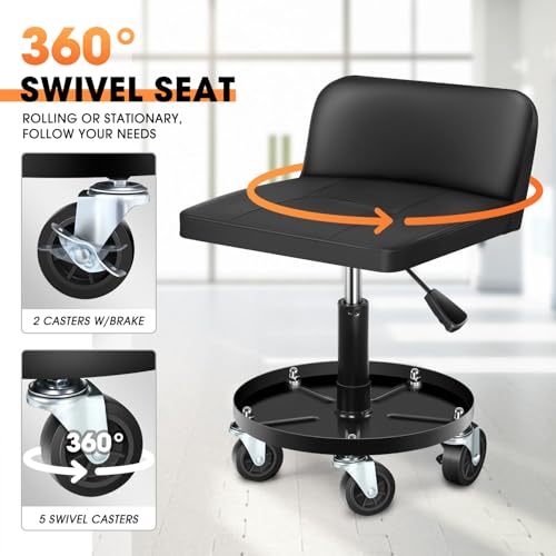 DNA Motoring Rolling Padded Seat Adjustable Height Seat 330lbs Capacity Rolling Mechanic Creeper Stool, W/Tool Storage Drawer & Tray, Black, TOOLS-00601 - style: Round Tray Black