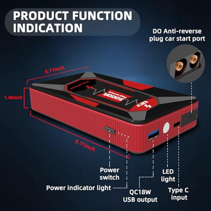 3000A Jump Starter for 6.0L Gas 4.0L Diesel Battery Jumper Box | 3000A peak current; fits glove box with hard case; 9 safety protections; power bank function; 3-mode LED light - color: red