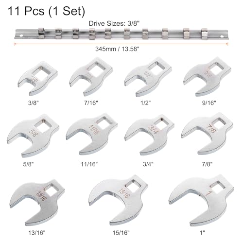 HARFINGTON 11pcs Drive Crowfoot Wrench Set 3/8" Crowfoot Flare Nut Wrench Set 3/8" - 1" Drive Fractional Crowfoot Wrench with Clip-on Organizer for Mechanics Automotive Repair Work