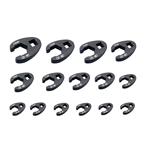 HFS(R 3/8-Inch and 1/2-Inch Drive Crowfoot Flare Nut Wrench Set, Metric, 8mm to 24mm | 15-Piece Set, Cr-Mo Steel