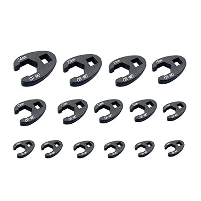 HFS(R 3/8-Inch and 1/2-Inch Drive Crowfoot Flare Nut Wrench Set, Metric, 8mm to 24mm | 15-Piece Set, Cr-Mo Steel