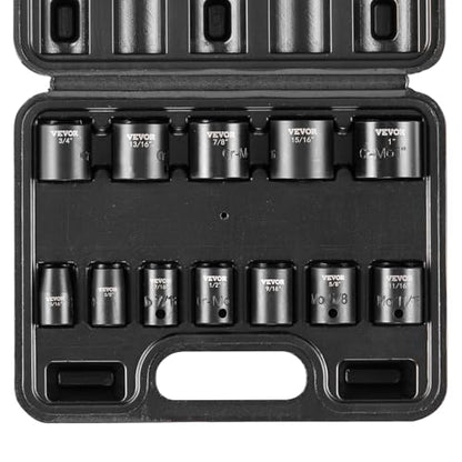 VEVOR 3/8" Drive Impact Socket Set, 12 Piece Shallow Socket Set SAE 5/16"-1", 6 Point Cr-Mo Alloy Steel for Auto Repair, Easy-to-Read Size Markings, Rugged Construction, Includes Storage Case - style: 3/8" 12PCS CR-MO